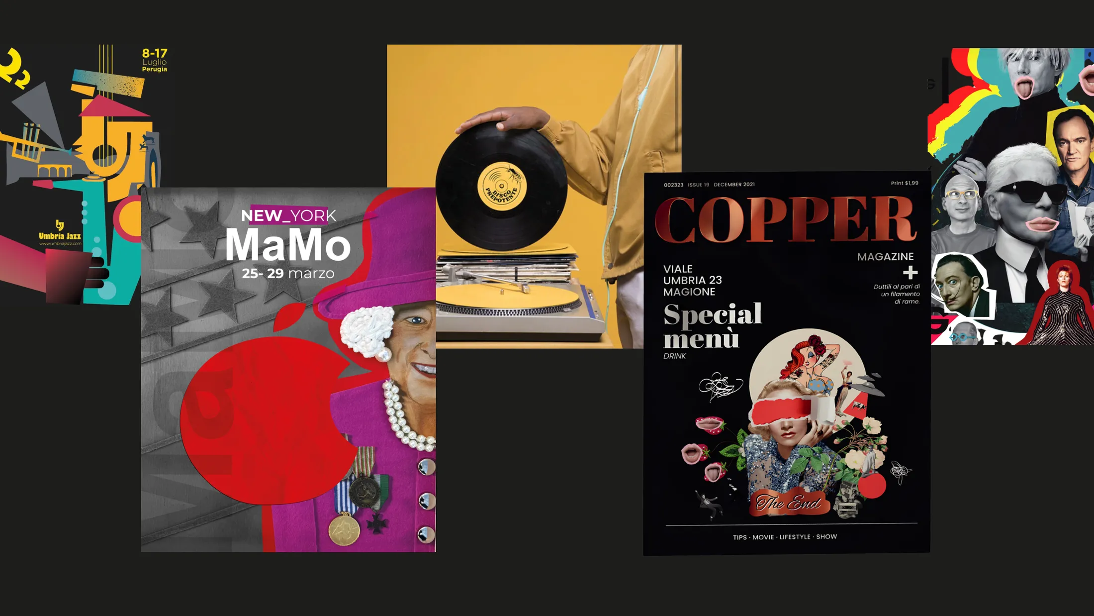 Una selezione di creative visual dello studio: Umbria Jazz, MaMo New York, Copper Magazine